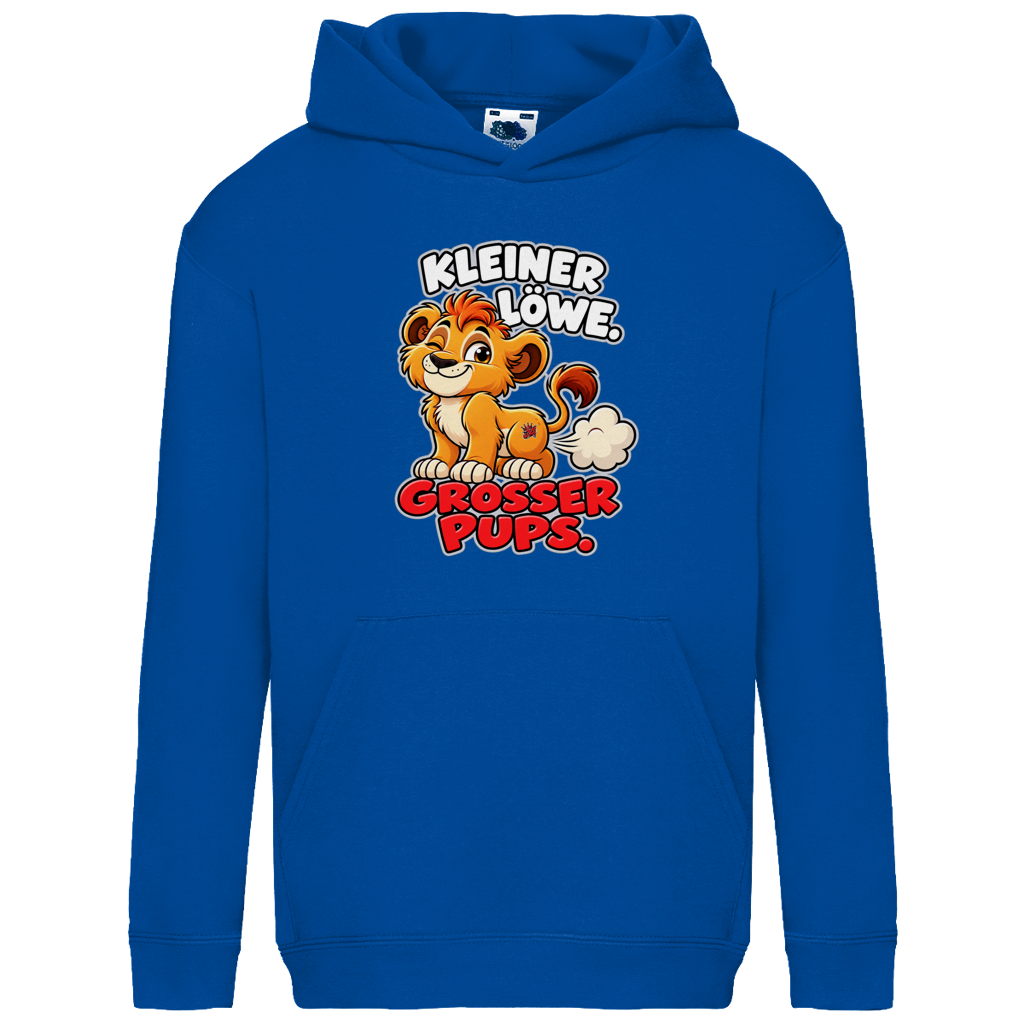JA Pupsalarm – Kinder-Hoodie in Royalblau, Vorderansicht, Frontdruck: Lustiger Löwe: „Kleiner Löwe. Großer Pups.“ – Kinderhumor zum Kichern