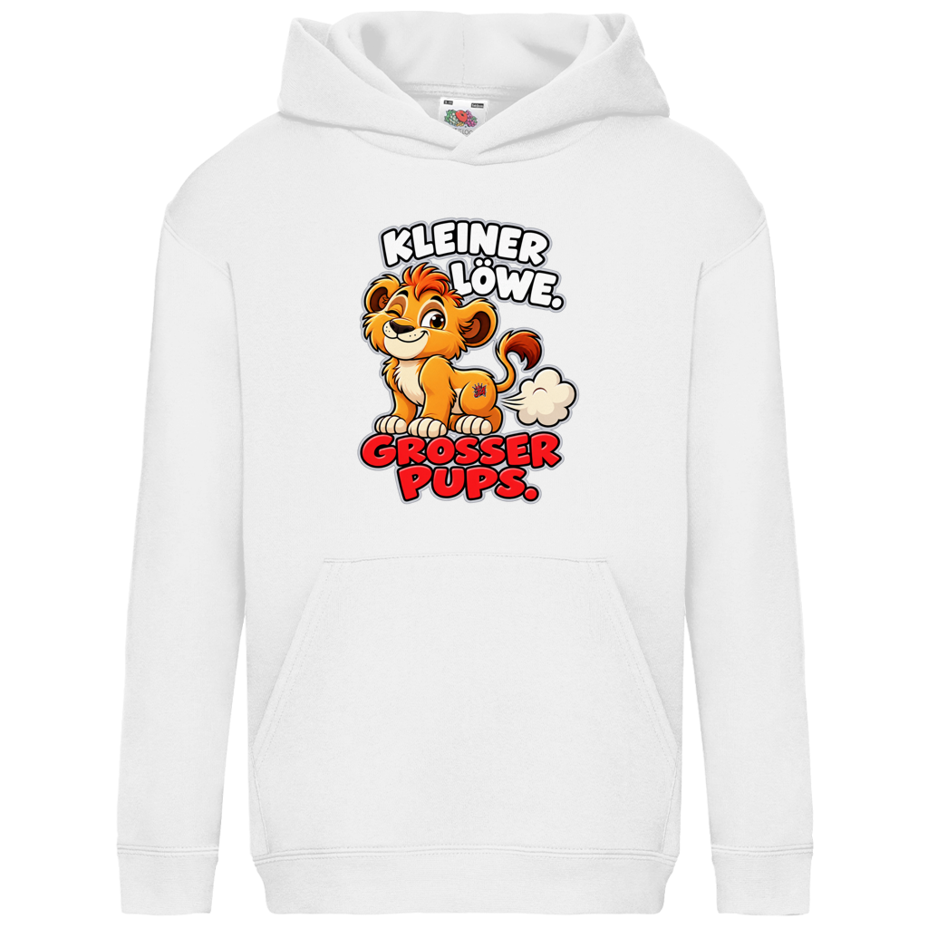 JA Pupsalarm – Kinder-Hoodie in Weiß, Vorderansicht, Frontdruck: Lustiger Löwe: „Kleiner Löwe. Großer Pups.“ – Kinderhumor zum Kichern