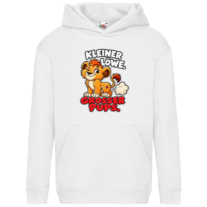 JA Pupsalarm – Kinder-Hoodie in Weiß, Vorderansicht, Frontdruck: Lustiger Löwe: „Kleiner Löwe. Großer Pups.“ – Kinderhumor zum Kichern