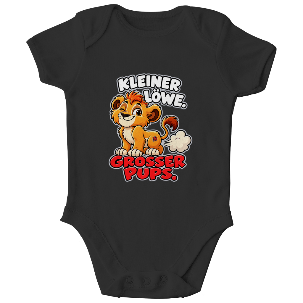 JA Pupsalarm – Baby-Body in Schwarz, Vorderansicht, Frontdruck: Lustiger Löwe: „Kleiner Löwe. Großer Pups.“ – Kinderhumor zum Kichern