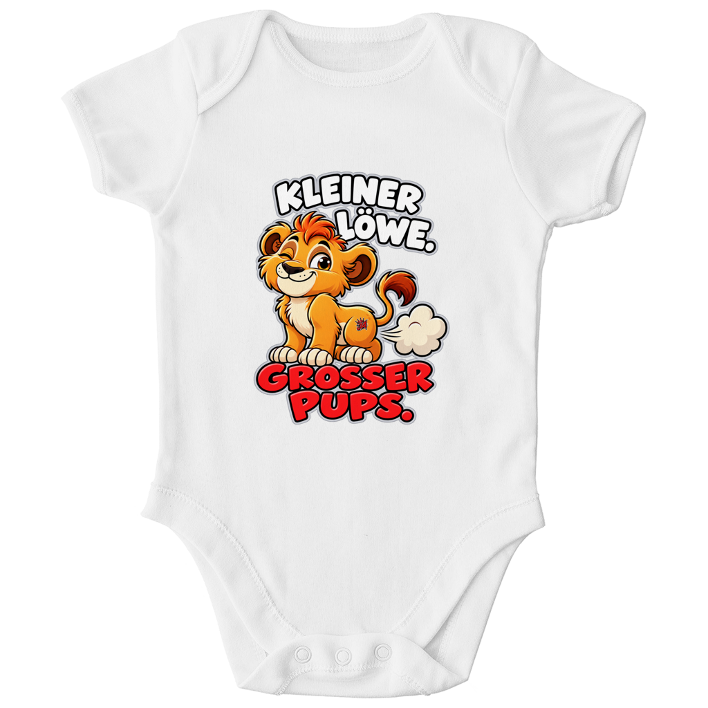 JA Pupsalarm – Baby-Body in Weiß, Vorderansicht, Frontdruck: Lustiger Löwe: „Kleiner Löwe. Großer Pups.“ – Kinderhumor zum Kichern