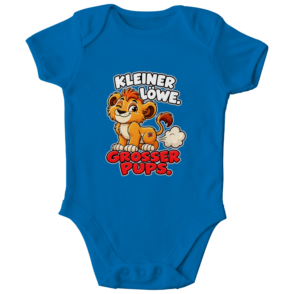 JA Pupsalarm – Baby-Body in Kobaltblau, Vorderansicht, Frontdruck: Lustiger Löwe: „Kleiner Löwe. Großer Pups.“ – Kinderhumor zum Kichern