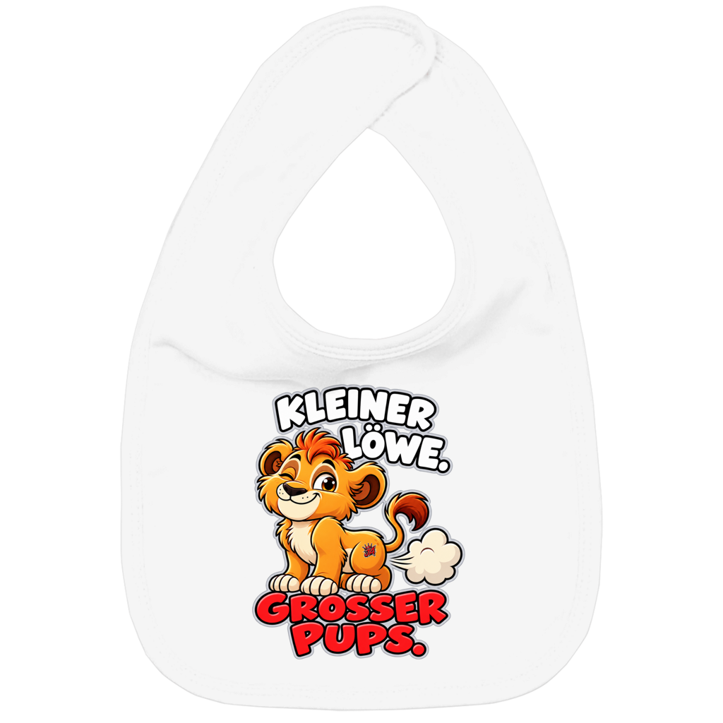JA Pupsalarm – Lätzchen in Weiß, Vorderansicht, Frontdruck: Lustiger Löwe: „Kleiner Löwe. Großer Pups.“ – Kinderhumor zum Kichern