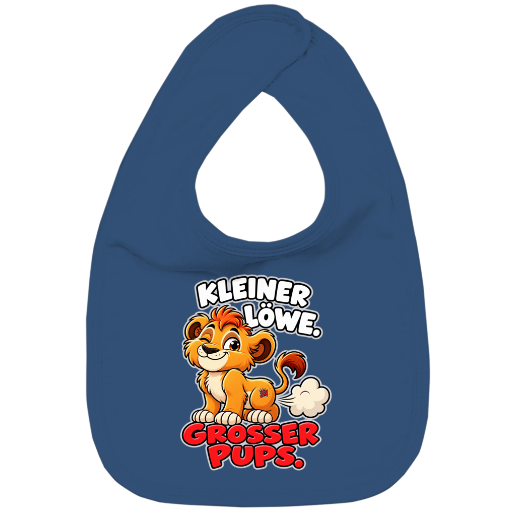 JA Pupsalarm – Lätzchen in Marineblau, Vorderansicht, Frontdruck: Lustiger Löwe: „Kleiner Löwe. Großer Pups.“ – Kinderhumor zum Kichern