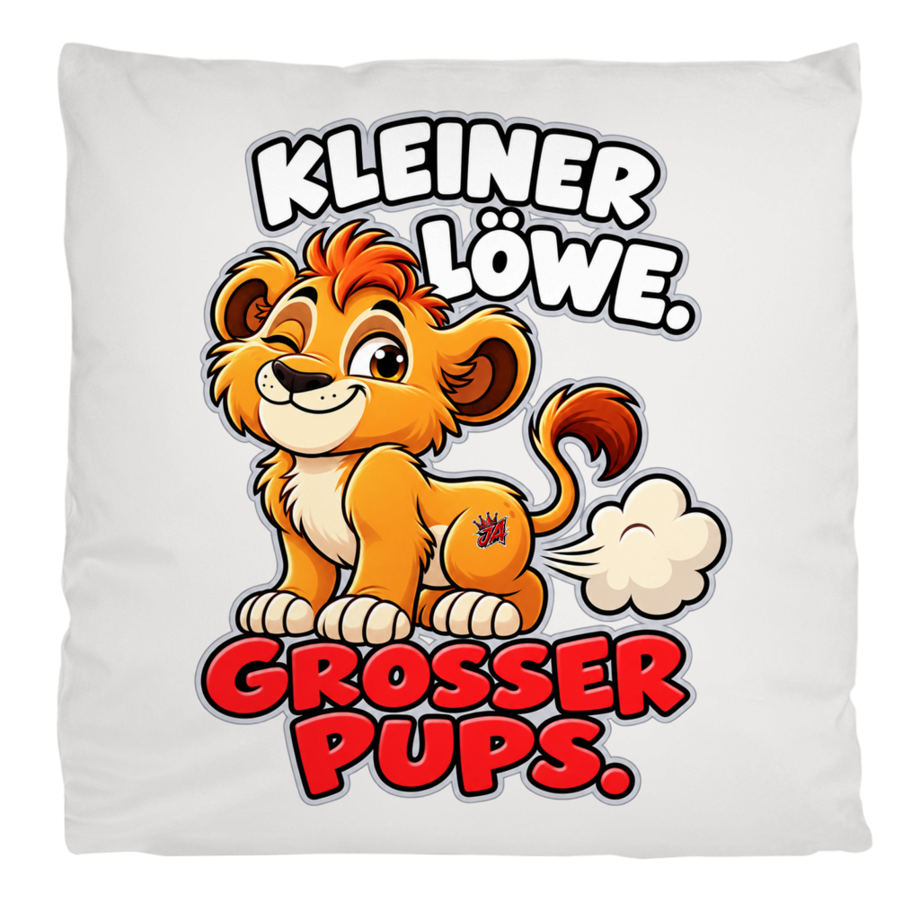 JA Pupsalarm – Flauschkissen in Cremeweiß, Aufdruck: Lustiger Löwe: „Kleiner Löwe. Großer Pups.“ – Kinderhumor zum Kichern