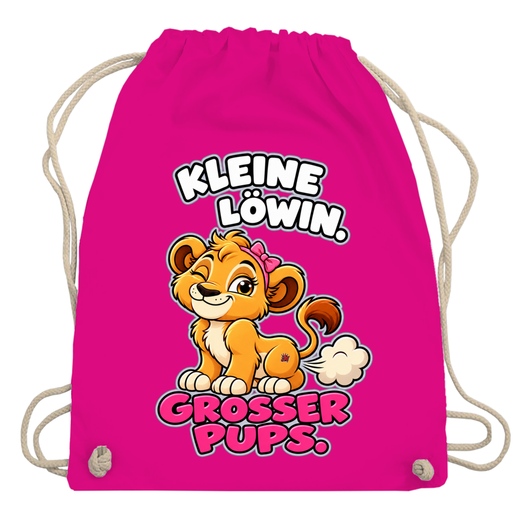 JA Pupsprinzessin – Turnbeutel in Fuchsia, Aufdruck: Lustige Löwin mit Schleife: „Kleine Löwin. Großer Pups.“