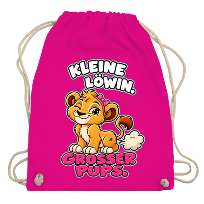 JA Pupsprinzessin – Turnbeutel in Fuchsia, Aufdruck: Lustige Löwin mit Schleife: „Kleine Löwin. Großer Pups.“
