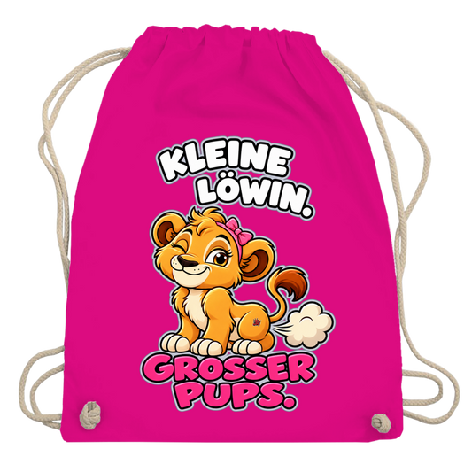 JA Pupsprinzessin – Turnbeutel in Fuchsia, Aufdruck: Lustige Löwin mit Schleife: „Kleine Löwin. Großer Pups.“