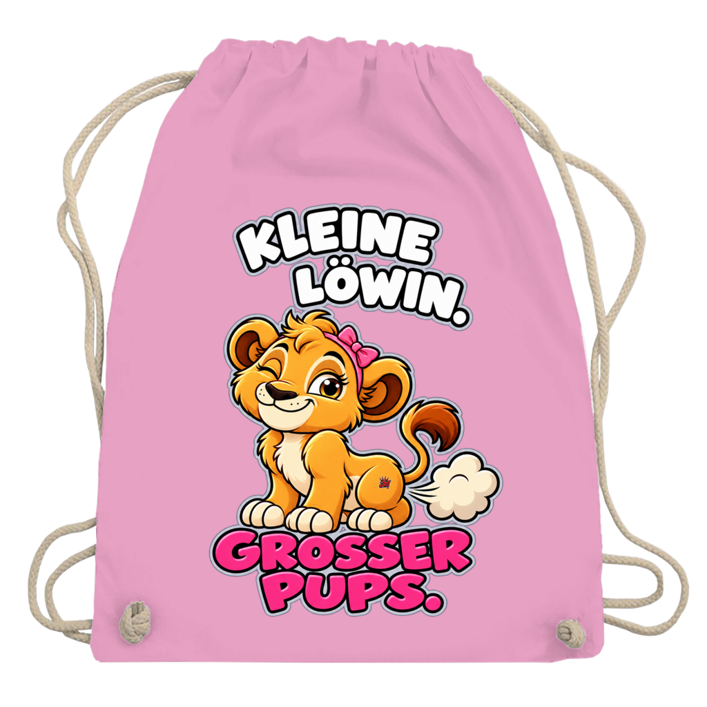 JA Pupsprinzessin – Turnbeutel in Rosa, Aufdruck: Lustige Löwin mit Schleife: „Kleine Löwin. Großer Pups.“