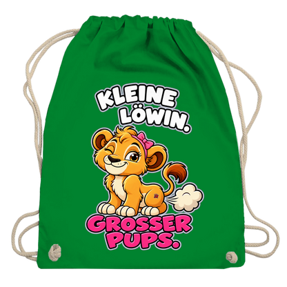 JA Pupsprinzessin – Turnbeutel in Kellygrün, Aufdruck: Lustige Löwin mit Schleife: „Kleine Löwin. Großer Pups.“