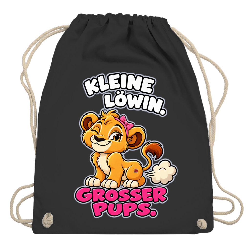JA Pupsprinzessin – Turnbeutel in Schwarz, Aufdruck: Lustige Löwin mit Schleife: „Kleine Löwin. Großer Pups.“