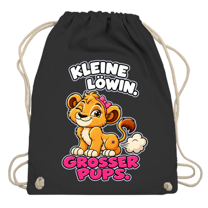 JA Pupsprinzessin – Turnbeutel in Schwarz, Aufdruck: Lustige Löwin mit Schleife: „Kleine Löwin. Großer Pups.“