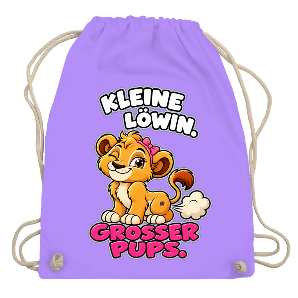 JA Pupsprinzessin – Turnbeutel in Lavendel, Aufdruck: Lustige Löwin mit Schleife: „Kleine Löwin. Großer Pups.“