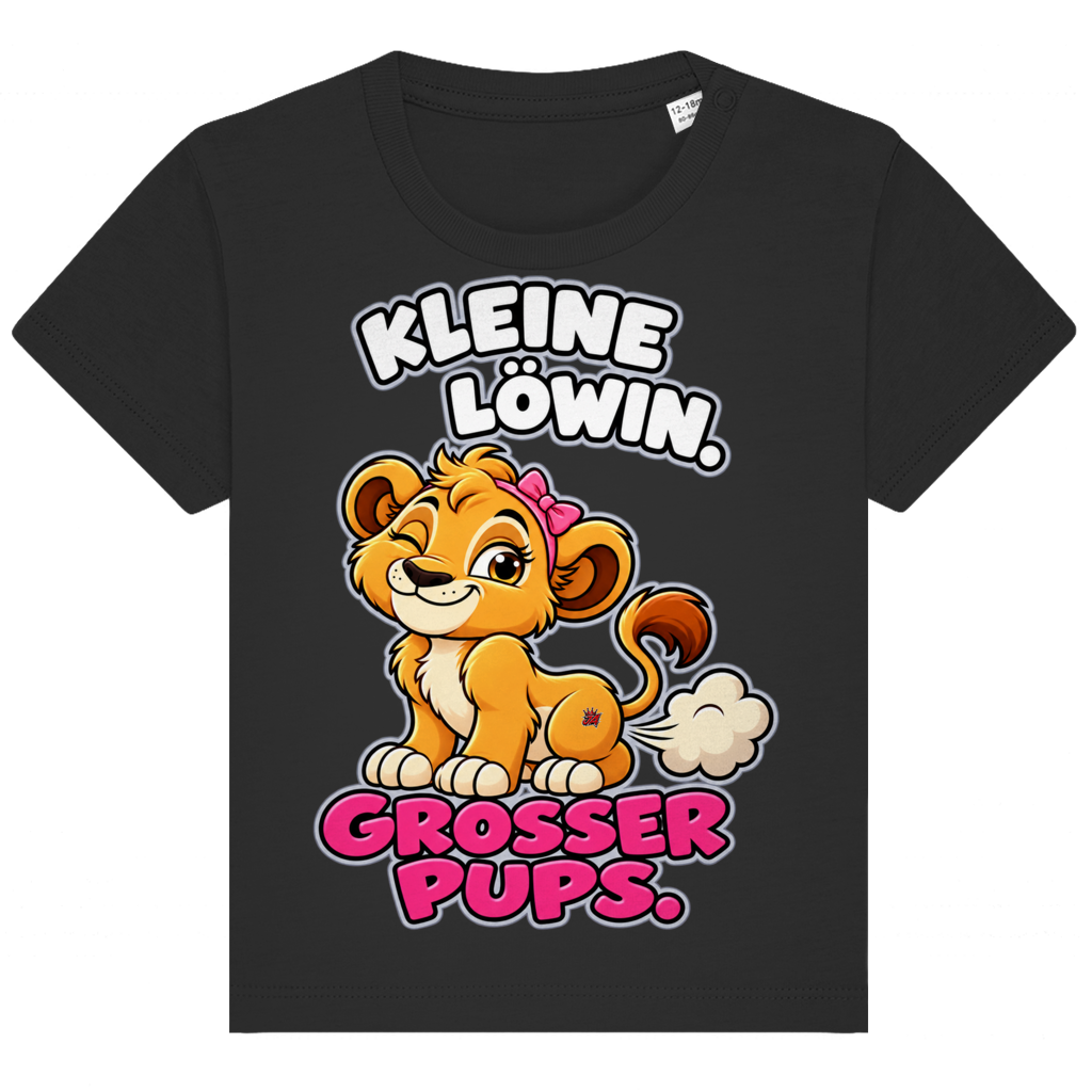 JA Pupsprinzessin – Baby-T-Shirt in Schwarz, Vorderansicht, Frontdruck: Lustige Löwin mit Schleife: „Kleine Löwin. Großer Pups.“