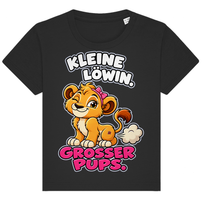 JA Pupsprinzessin – Baby-T-Shirt in Schwarz, Vorderansicht, Frontdruck: Lustige Löwin mit Schleife: „Kleine Löwin. Großer Pups.“