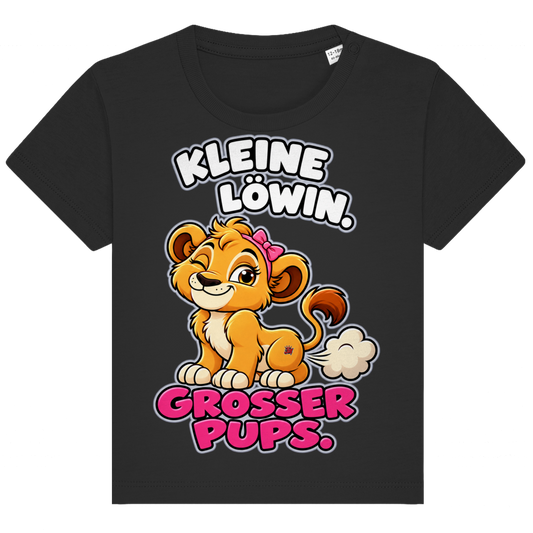 JA Pupsprinzessin – Baby-T-Shirt in Schwarz, Vorderansicht, Frontdruck: Lustige Löwin mit Schleife: „Kleine Löwin. Großer Pups.“