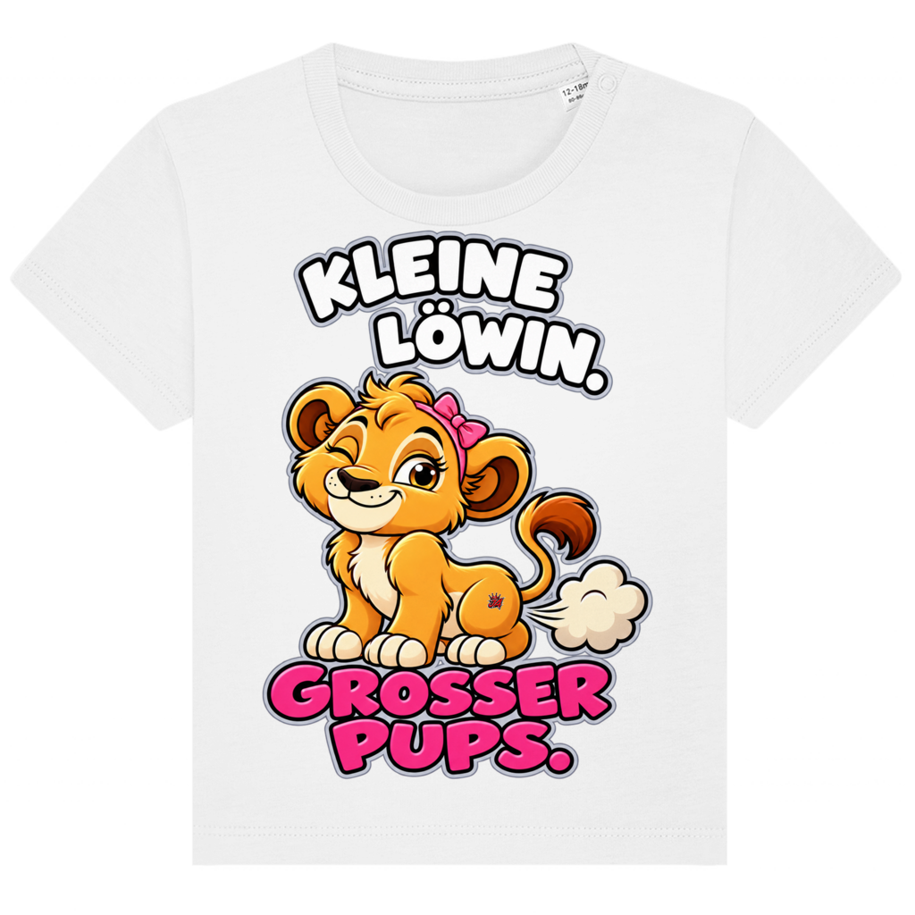 JA Pupsprinzessin – Baby-T-Shirt in Weiß, Vorderansicht, Frontdruck: Lustige Löwin mit Schleife: „Kleine Löwin. Großer Pups.“
