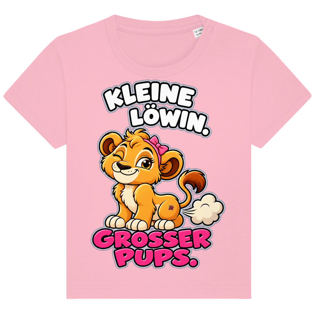 JA Pupsprinzessin – Baby-T-Shirt in Rosa, Vorderansicht, Frontdruck: Lustige Löwin mit Schleife: „Kleine Löwin. Großer Pups.“