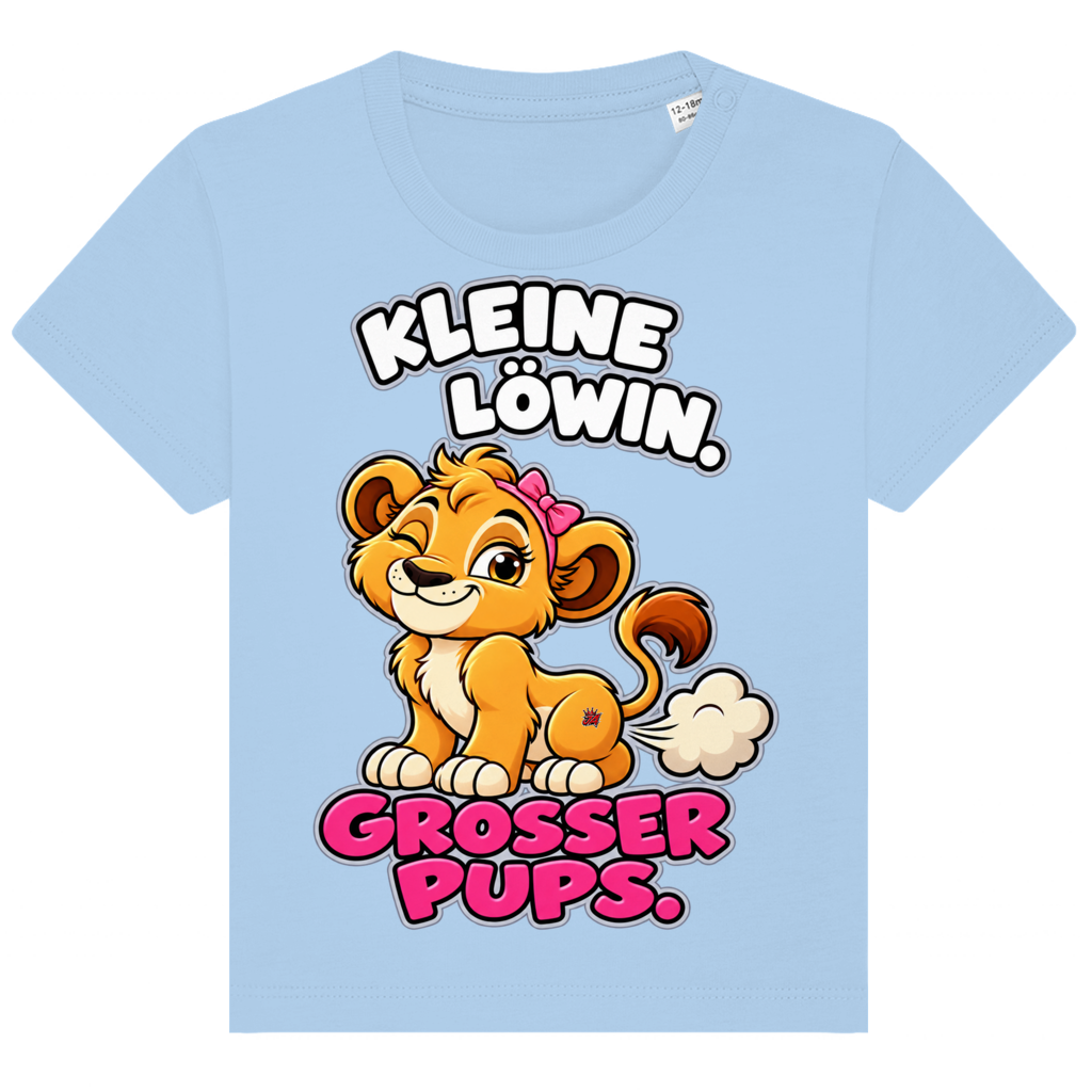 JA Pupsprinzessin – Baby-T-Shirt in Blau, Vorderansicht, Frontdruck: Lustige Löwin mit Schleife: „Kleine Löwin. Großer Pups.“