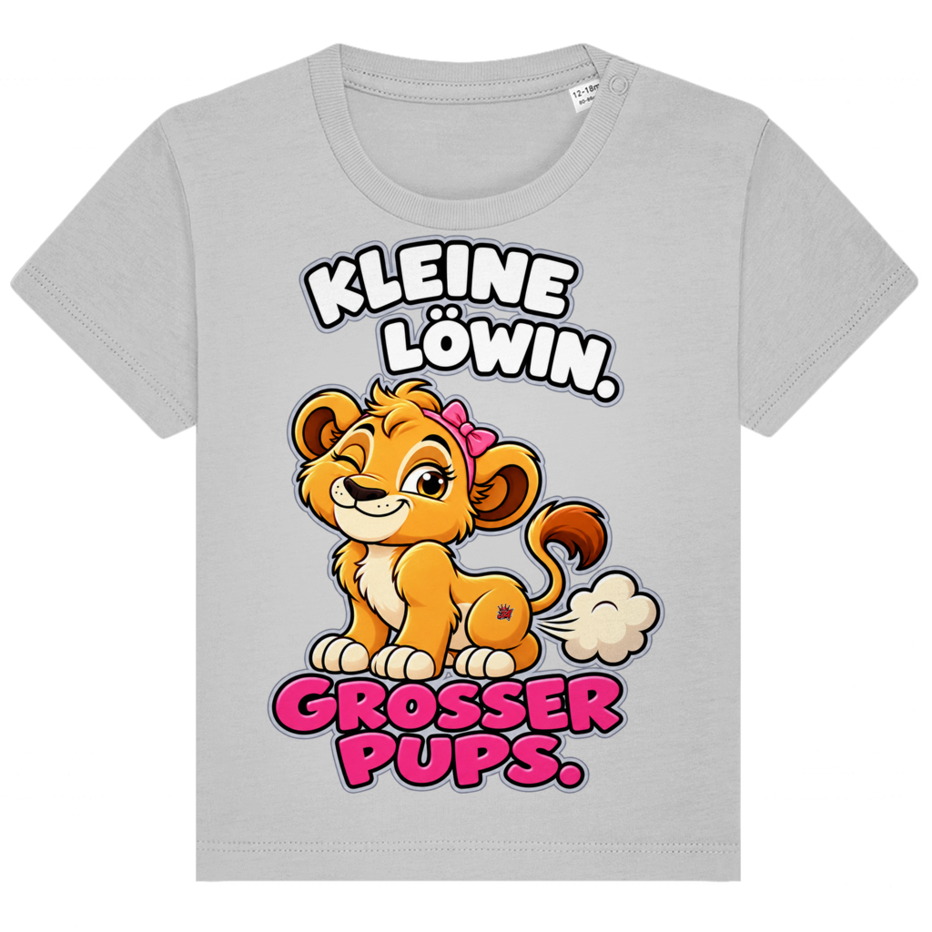 JA Pupsprinzessin – Baby-T-Shirt in Grau meliert, Vorderansicht, Frontdruck: Lustige Löwin mit Schleife: „Kleine Löwin. Großer Pups.“