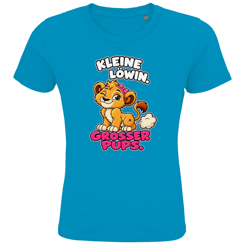 JA Pupsprinzessin – Kinder-T-Shirt in Aqua, Vorderansicht, Frontdruck: Lustige Löwin mit Schleife: „Kleine Löwin. Großer Pups.“