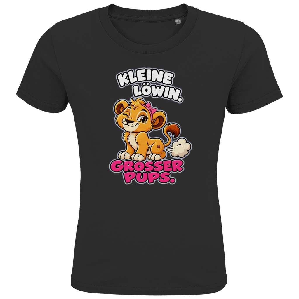 JA Pupsprinzessin – Kinder-T-Shirt in Schwarz, Vorderansicht, Frontdruck: Lustige Löwin mit Schleife: „Kleine Löwin. Großer Pups.“