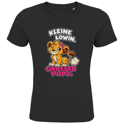 JA Pupsprinzessin – Kinder-T-Shirt in Schwarz, Vorderansicht, Frontdruck: Lustige Löwin mit Schleife: „Kleine Löwin. Großer Pups.“