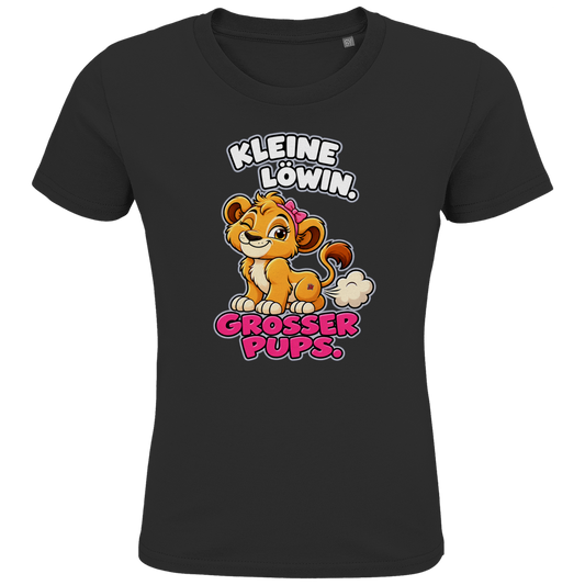 JA Pupsprinzessin – Kinder-T-Shirt in Schwarz, Vorderansicht, Frontdruck: Lustige Löwin mit Schleife: „Kleine Löwin. Großer Pups.“
