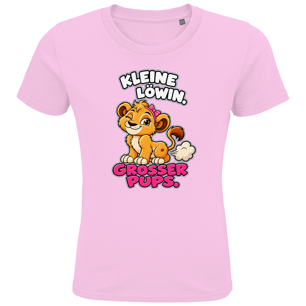 JA Pupsprinzessin – Kinder-T-Shirt in Zartrosa, Vorderansicht, Frontdruck: Lustige Löwin mit Schleife: „Kleine Löwin. Großer Pups.“
