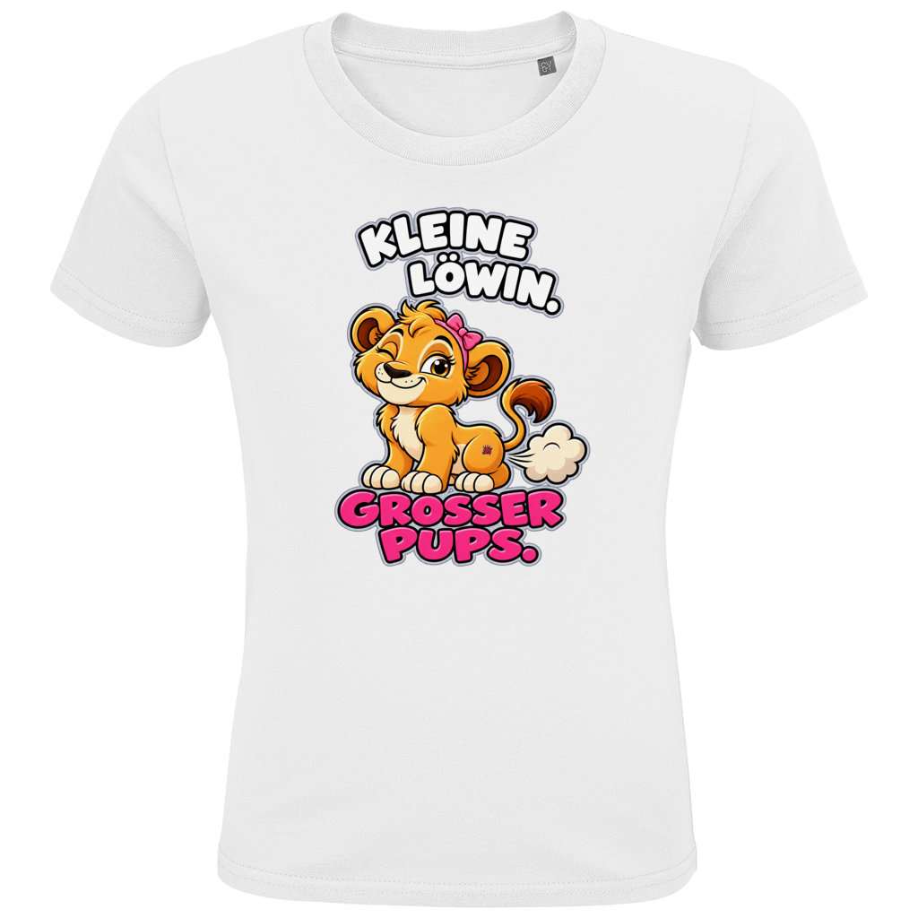 JA Pupsprinzessin – Kinder-T-Shirt in Weiß, Vorderansicht, Frontdruck: Lustige Löwin mit Schleife: „Kleine Löwin. Großer Pups.“
