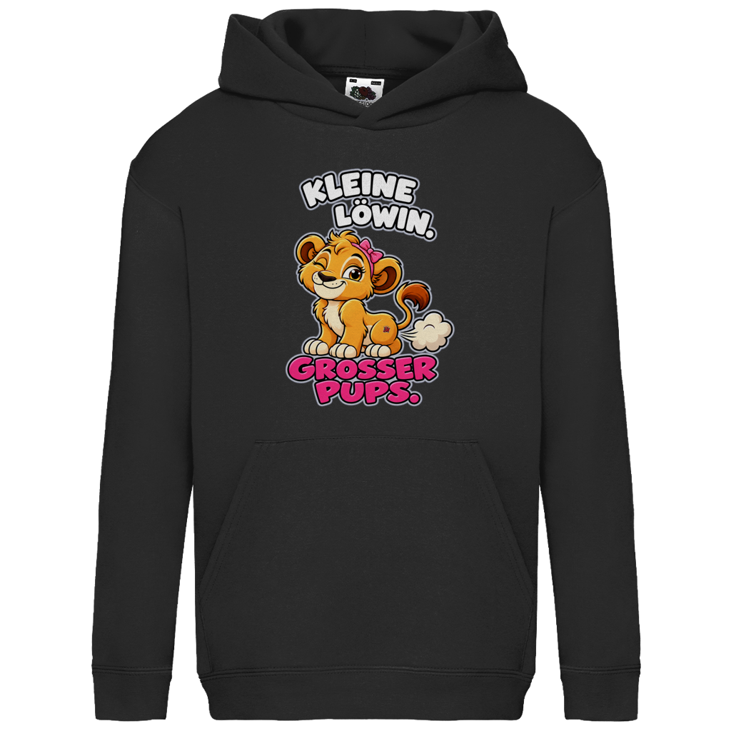 JA Pupsprinzessin – Kinder-Hoodie in Schwarz, Vorderansicht, Frontdruck: Lustige Löwin mit Schleife: „Kleine Löwin. Großer Pups.“