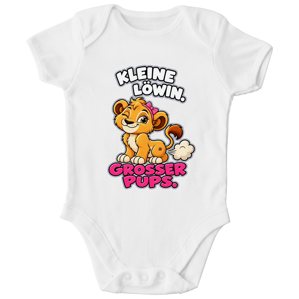 JA Pupsprinzessin – Baby-Body in Weiß, Vorderansicht, Frontdruck: Lustige Löwin mit Schleife: „Kleine Löwin. Großer Pups.“