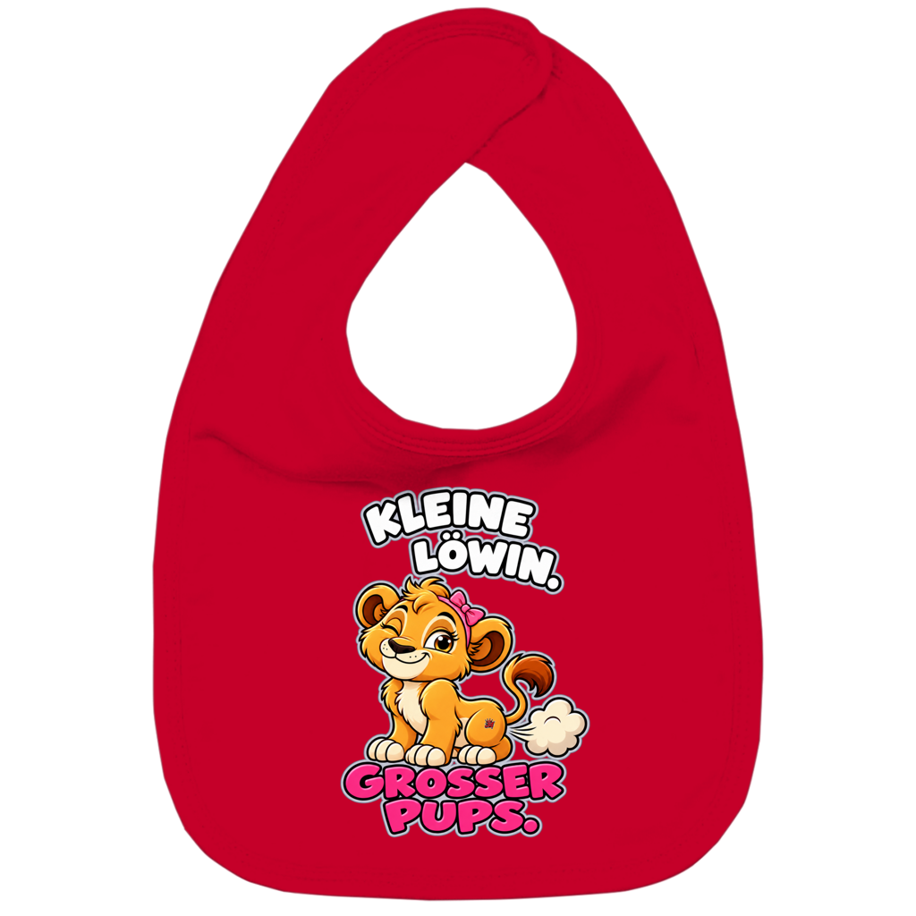 JA Pupsprinzessin – Lätzchen in Rot, Vorderansicht, Frontdruck: Lustige Löwin mit Schleife: „Kleine Löwin. Großer Pups.“