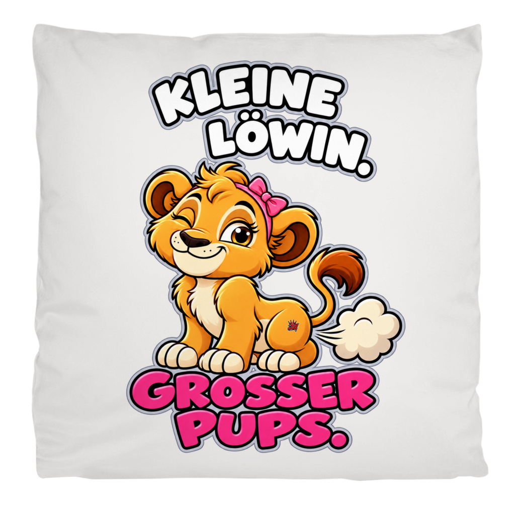 JA Pupsprinzessin – Flauschkissen in Cremeweiß, Aufdruck: Lustige Löwin mit Schleife: „Kleine Löwin. Großer Pups.“