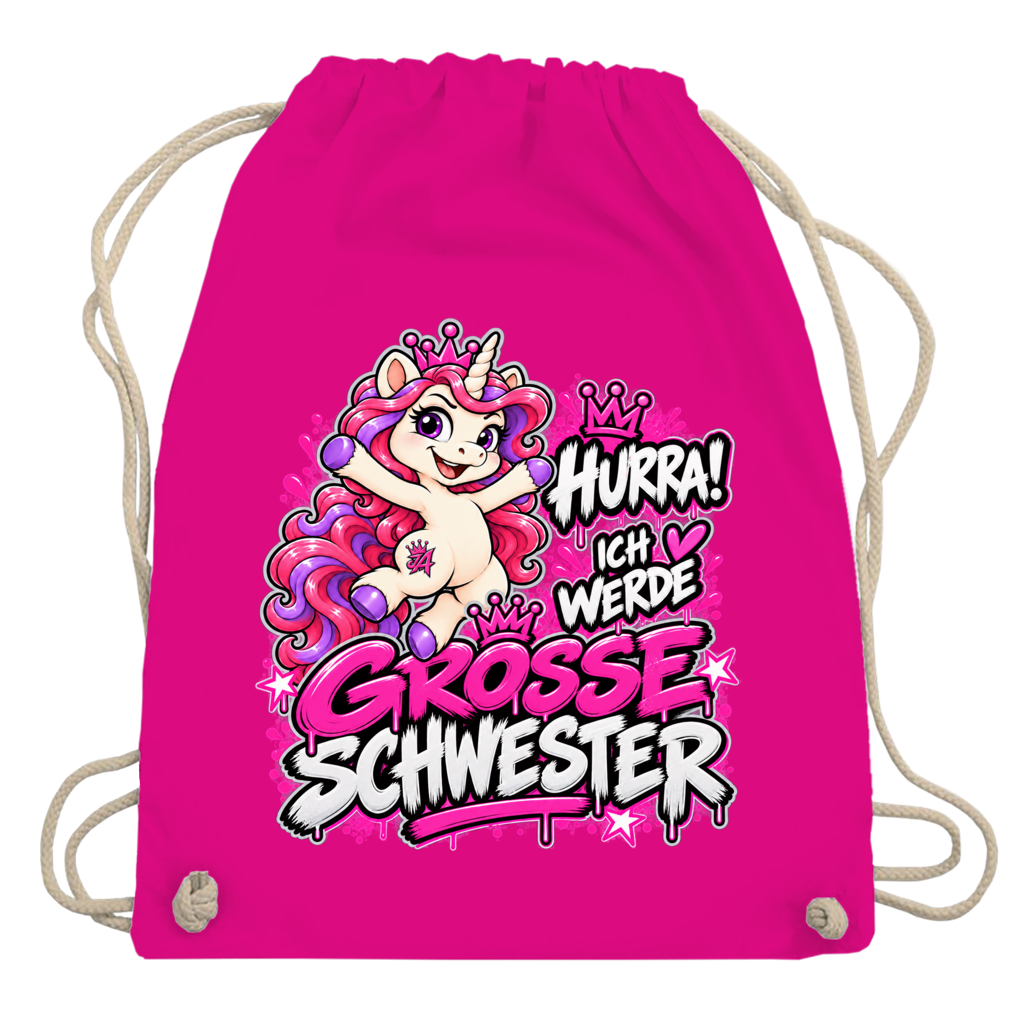 JA Große Schwester Einhorn – Turnbeutel in Fuchsia, Aufdruck: Einhorn Juna: „Hurra! Ich werde große Schwester“ – Geschenk zur Baby-Ankündigung