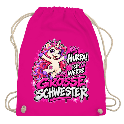 JA Große Schwester Einhorn – Turnbeutel in Fuchsia, Aufdruck: Einhorn Juna: „Hurra! Ich werde große Schwester“ – Geschenk zur Baby-Ankündigung