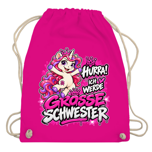 JA Große Schwester Einhorn – Turnbeutel in Fuchsia, Aufdruck: Einhorn Juna: „Hurra! Ich werde große Schwester“ – Geschenk zur Baby-Ankündigung
