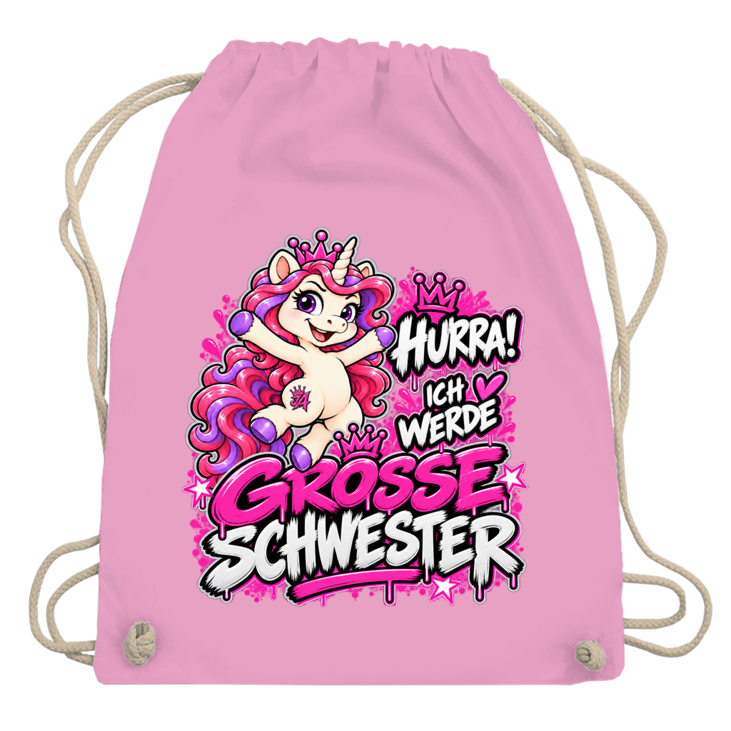 JA Große Schwester Einhorn – Turnbeutel in Rosa, Aufdruck: Einhorn Juna: „Hurra! Ich werde große Schwester“ – Geschenk zur Baby-Ankündigung