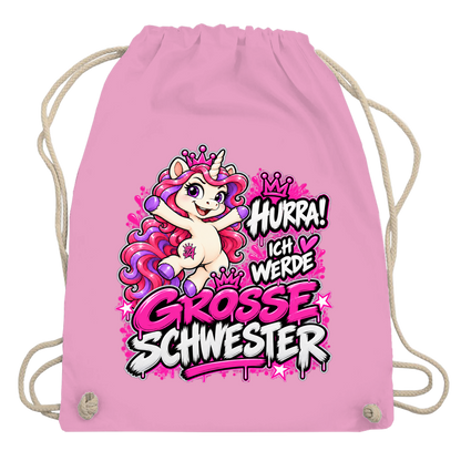 JA Große Schwester Einhorn – Turnbeutel in Rosa, Aufdruck: Einhorn Juna: „Hurra! Ich werde große Schwester“ – Geschenk zur Baby-Ankündigung