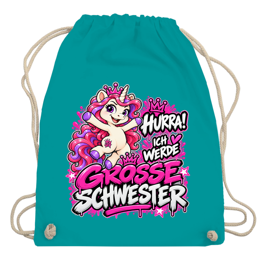 JA Große Schwester Einhorn – Turnbeutel in Smaragdgrün, Aufdruck: Einhorn Juna: „Hurra! Ich werde große Schwester“ – Geschenk zur Baby-Ankündigung