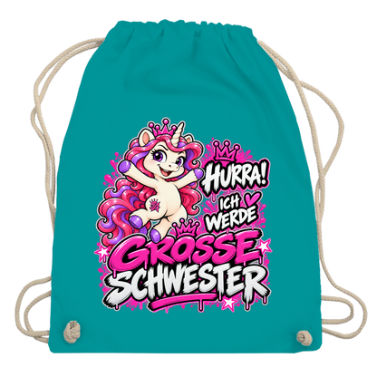 JA Große Schwester Einhorn – Turnbeutel in Smaragdgrün, Aufdruck: Einhorn Juna: „Hurra! Ich werde große Schwester“ – Geschenk zur Baby-Ankündigung