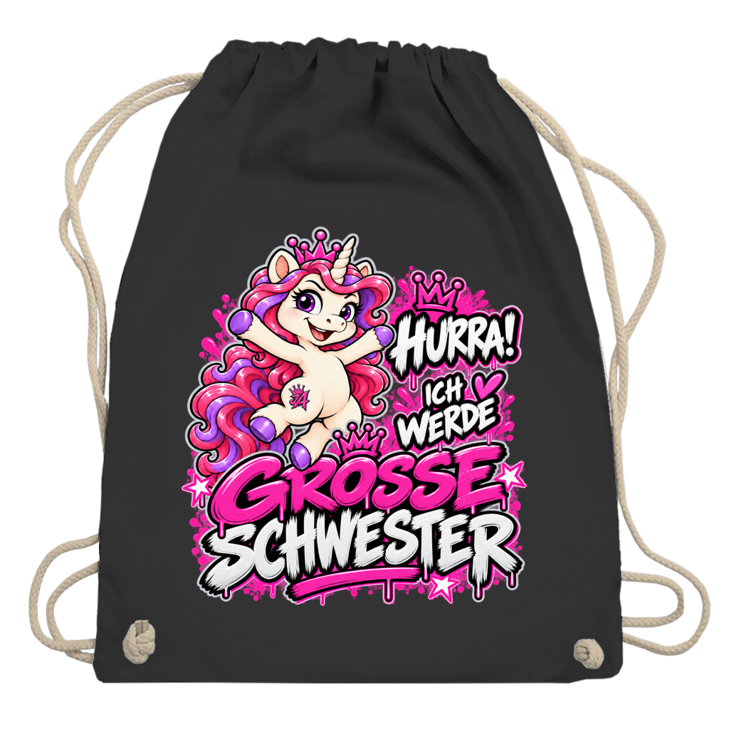 JA Große Schwester Einhorn – Turnbeutel in Schwarz, Aufdruck: Einhorn Juna: „Hurra! Ich werde große Schwester“ – Geschenk zur Baby-Ankündigung