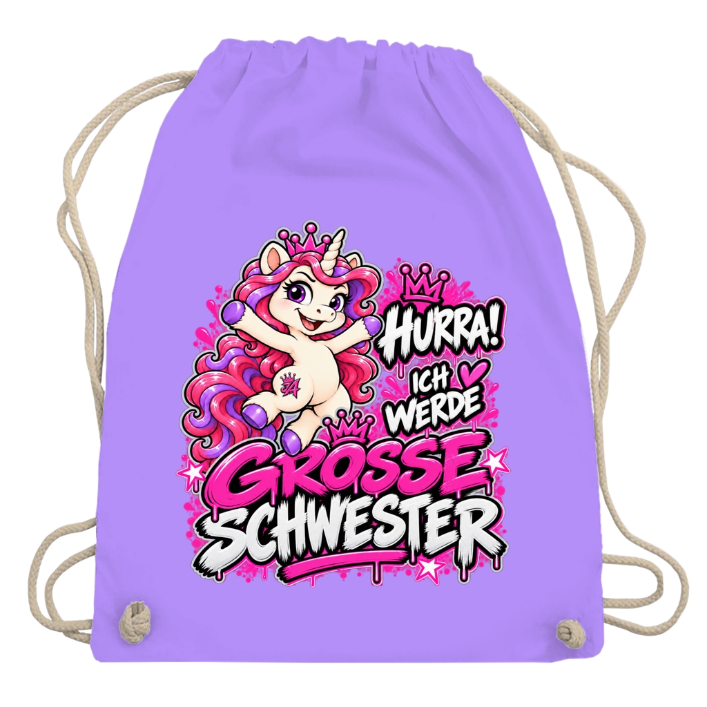 JA Große Schwester Einhorn – Turnbeutel in Lavendel, Aufdruck: Einhorn Juna: „Hurra! Ich werde große Schwester“ – Geschenk zur Baby-Ankündigung