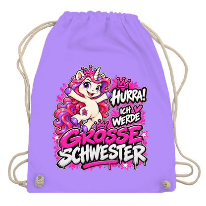JA Große Schwester Einhorn – Turnbeutel in Lavendel, Aufdruck: Einhorn Juna: „Hurra! Ich werde große Schwester“ – Geschenk zur Baby-Ankündigung