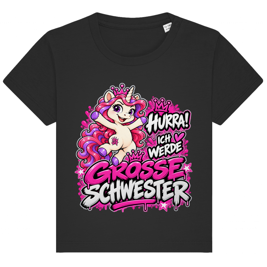 JA Große Schwester Einhorn – Baby-T-Shirt in Schwarz, Vorderansicht, Frontdruck: Einhorn Juna: „Hurra! Ich werde große Schwester“ – Geschenk zur Baby-Ankündigung