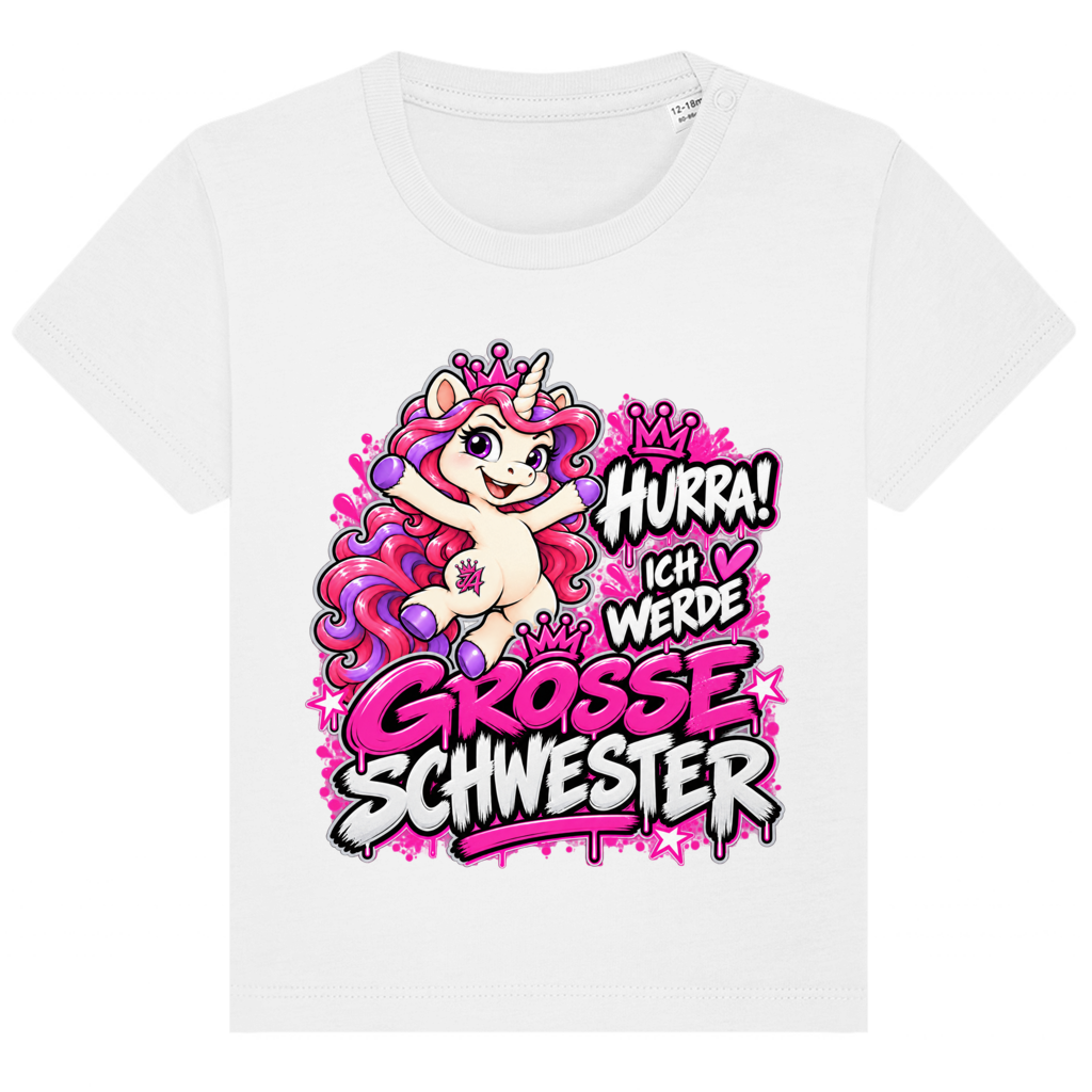 JA Große Schwester Einhorn – Baby-T-Shirt in Weiß, Vorderansicht, Frontdruck: Einhorn Juna: „Hurra! Ich werde große Schwester“ – Geschenk zur Baby-Ankündigung