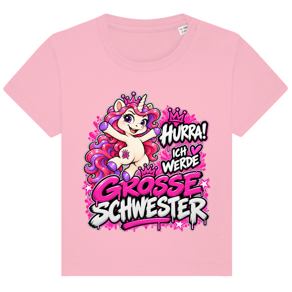 JA Große Schwester Einhorn – Baby-T-Shirt in Rosa, Vorderansicht, Frontdruck: Einhorn Juna: „Hurra! Ich werde große Schwester“ – Geschenk zur Baby-Ankündigung