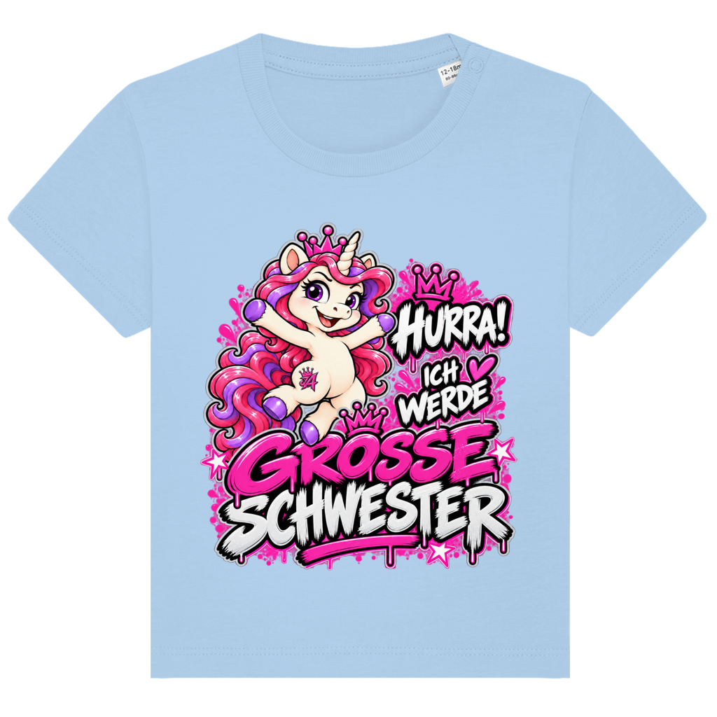JA Große Schwester Einhorn – Baby-T-Shirt in Blau, Vorderansicht, Frontdruck: Einhorn Juna: „Hurra! Ich werde große Schwester“ – Geschenk zur Baby-Ankündigung