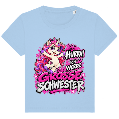 JA Große Schwester Einhorn – Baby-T-Shirt in Blau, Vorderansicht, Frontdruck: Einhorn Juna: „Hurra! Ich werde große Schwester“ – Geschenk zur Baby-Ankündigung