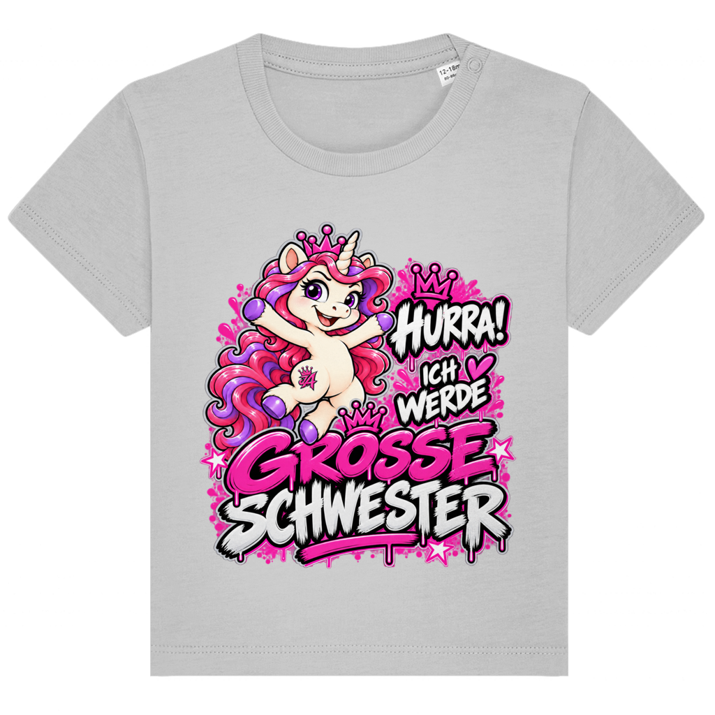 JA Große Schwester Einhorn – Baby-T-Shirt in Grau meliert, Vorderansicht, Frontdruck: Einhorn Juna: „Hurra! Ich werde große Schwester“ – Geschenk zur Baby-Ankündigung